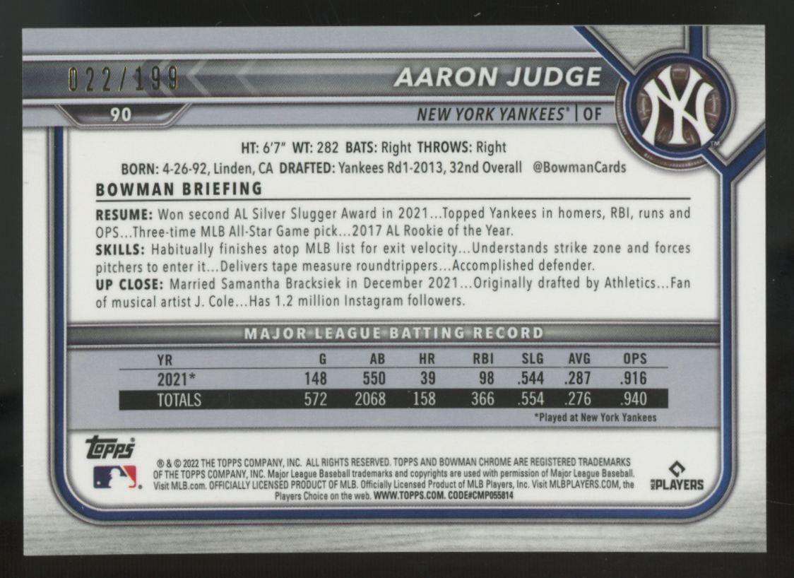 2022 Bowman Chrome Aaron Judge Black and White Mini Diamond Refractor /199 #90