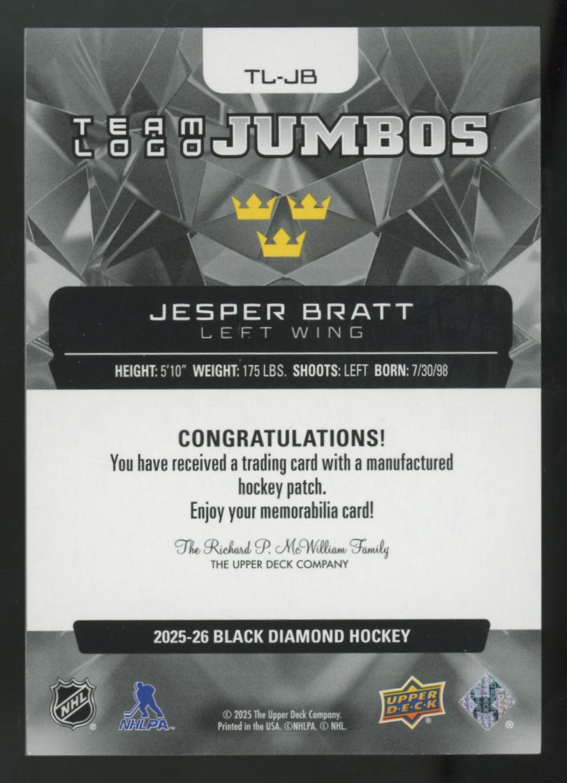2025-26 Upper Deck Black Diamond Jesper Bratt Team Logo Jumbo Patch #TL-JB