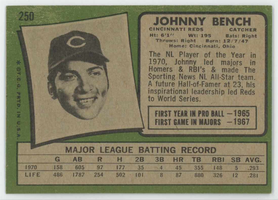 1971 Topps Johnny Bench #250 EX/MT "B"