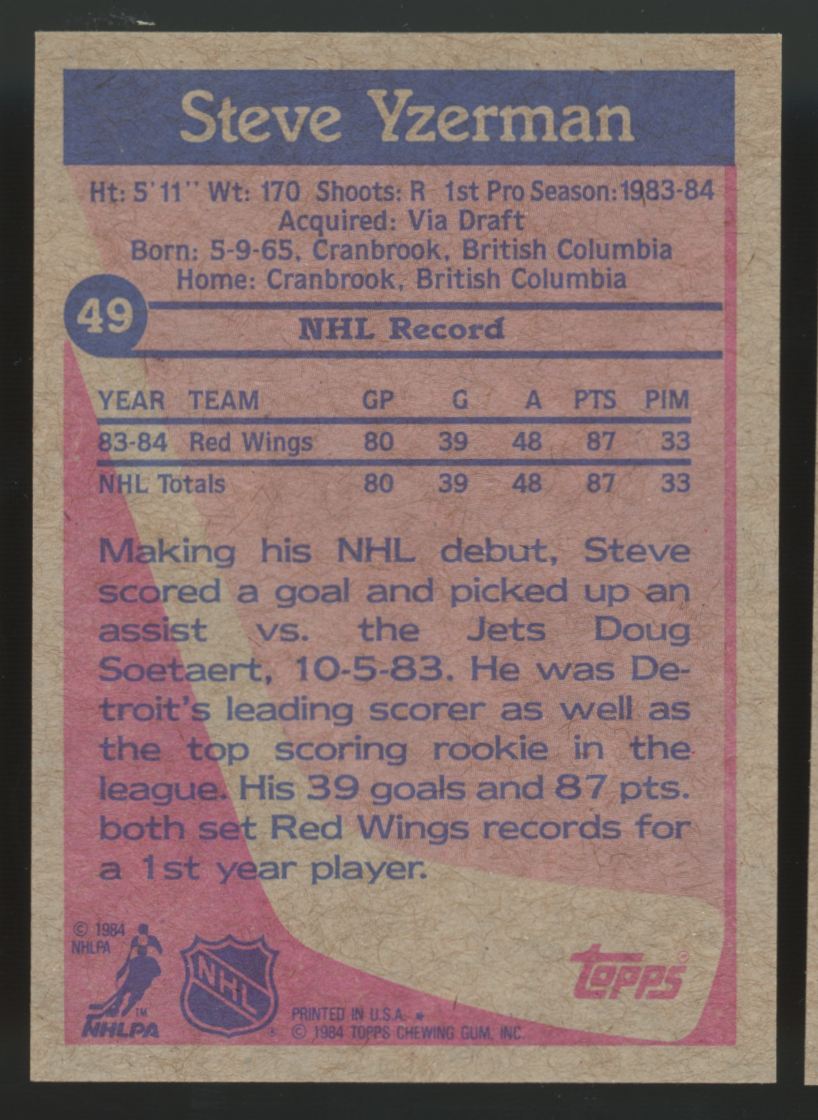 1984-85 Topps Steve Yzerman RC #49 NM "H"