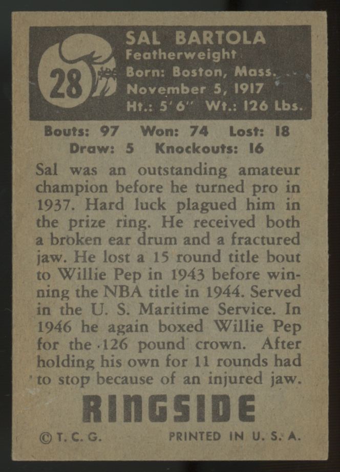 1951 Topps Ringside Sal Bartolo #28 EX