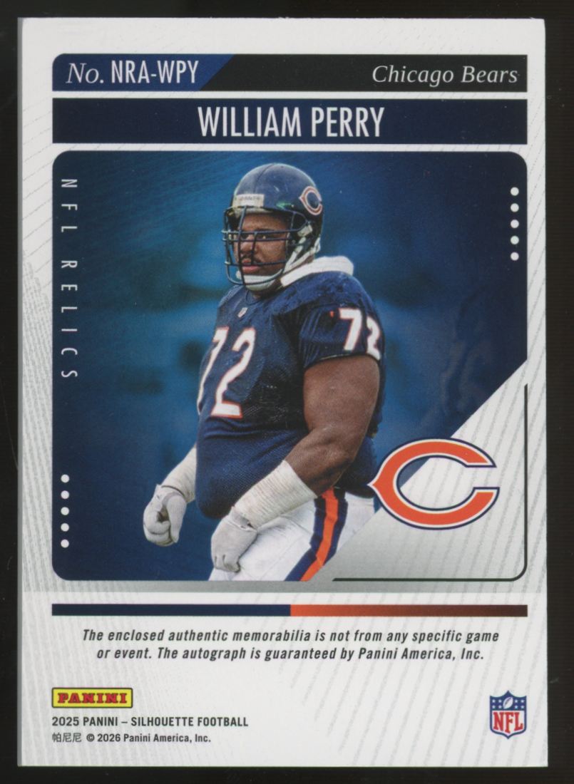 2025 Panini Silhouette Football William Perry NFL Relics Patch Auto /199