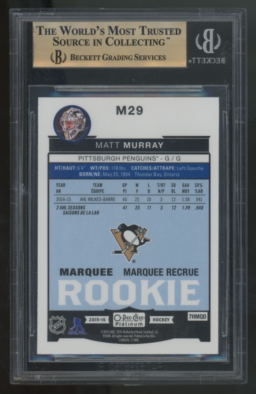 2015-16 O-Pee-Chee Platinum Matt Murray RC Marquee #M29 BGS 9.5