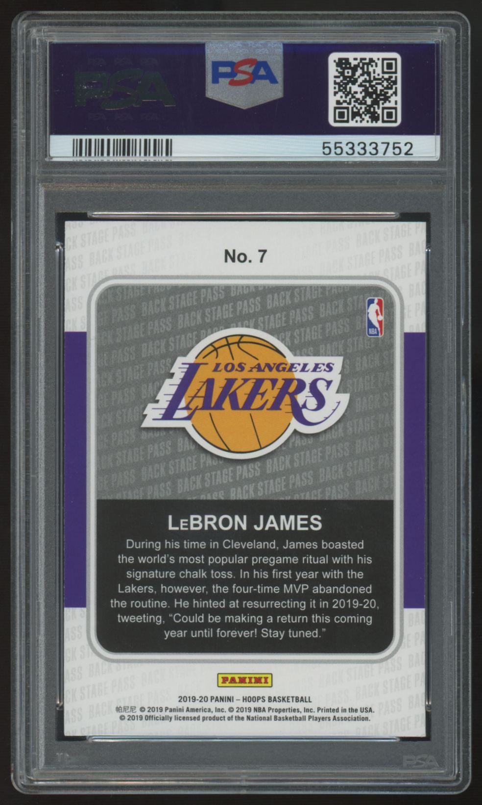 2019-20 Panini Hoops LeBron James Backstage Pass Holo #7 PSA 10