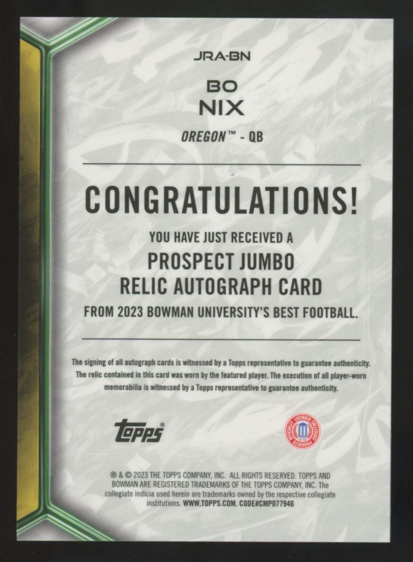 2023 Bowman Best University Bo Nix Prospect Jumbo Patch Auto #JRA-BN