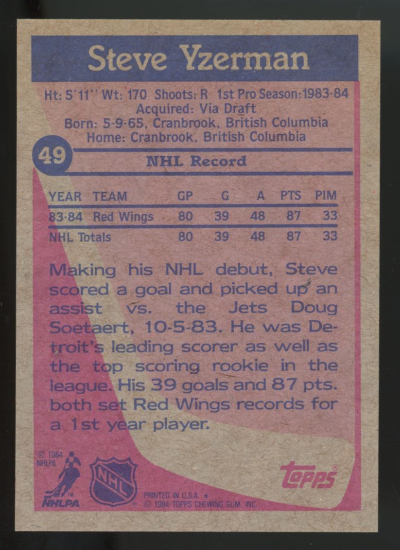 1984-85 Topps Steve Yzerman RC #49 NM "M"