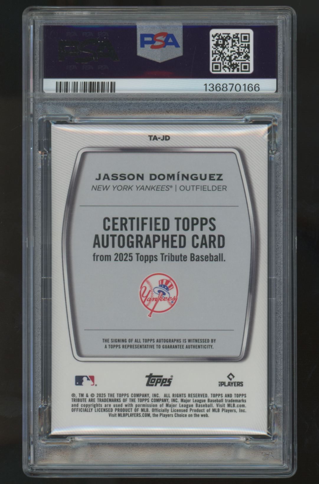 2025 Topps Tribute Jasson Dominguez Orange Auto /25 #TA-JD PSA 9