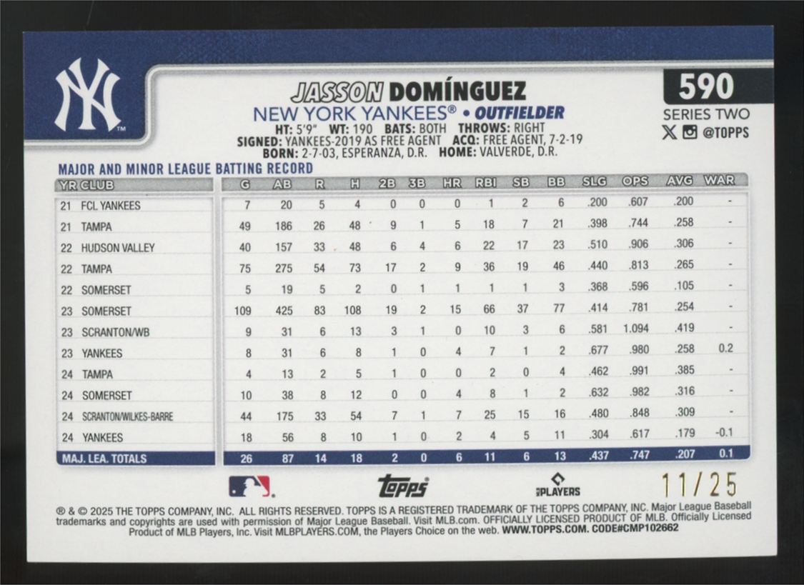 2025 Topps Series Two Jasson Dominguez Orange Diamante Future Stars /25 #590