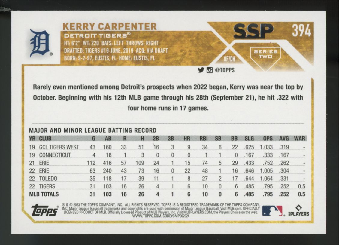 2023 Topps Series Two Kerry Carpenter RC Golden Mirror Image Variation SSP #394
