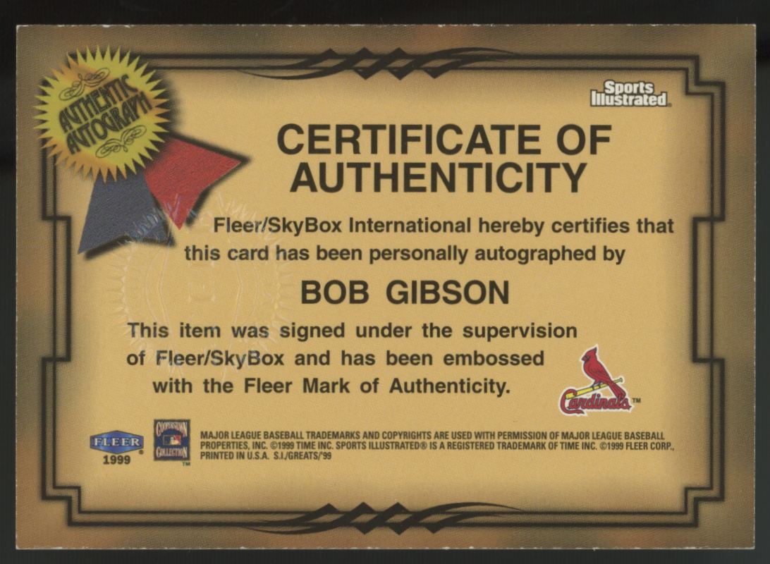 1999 Fleer Sports Illustrated Bob Gibson Greats Of The Game Auto Collection