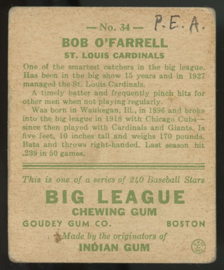 1933 Goudey Bob O'Farrell #34 Good (MK)