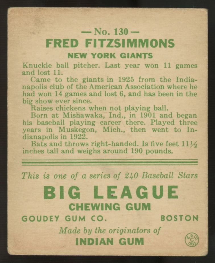 1933 Goudey Fred Fitzsimmons #130 VG