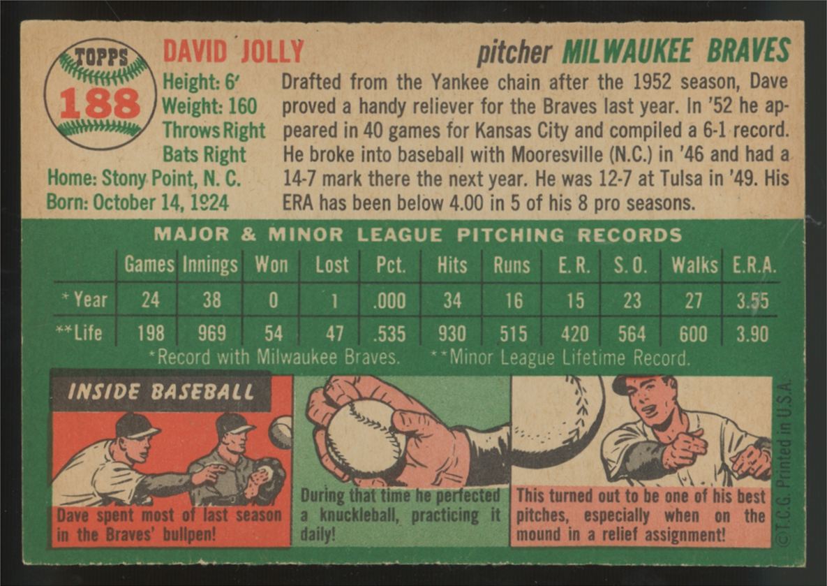1954 Topps Dave Jolly #188 NM
