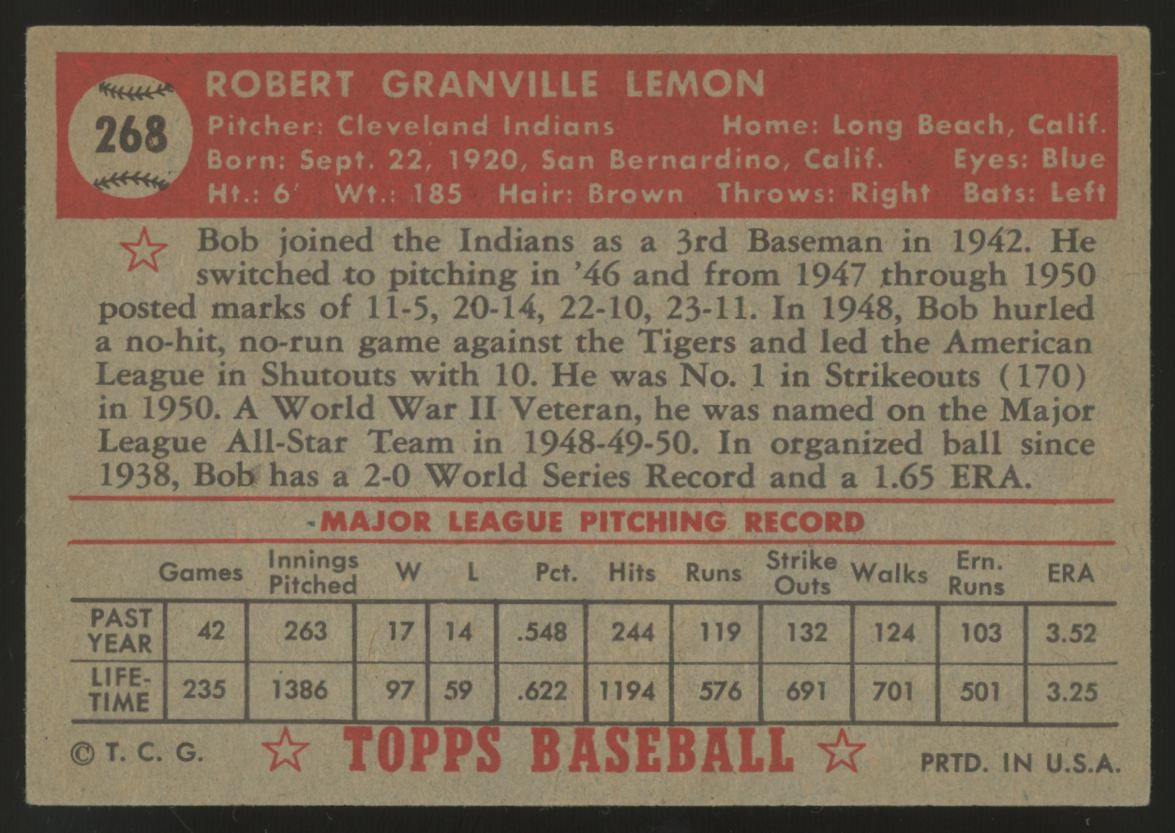 1952 Topps Bob Lemon #268 EX+