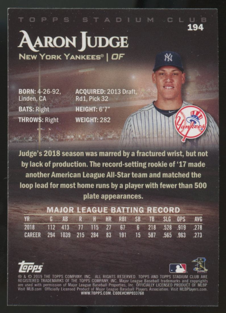 2019 Topps Stadium Club Aaron Judge #194
