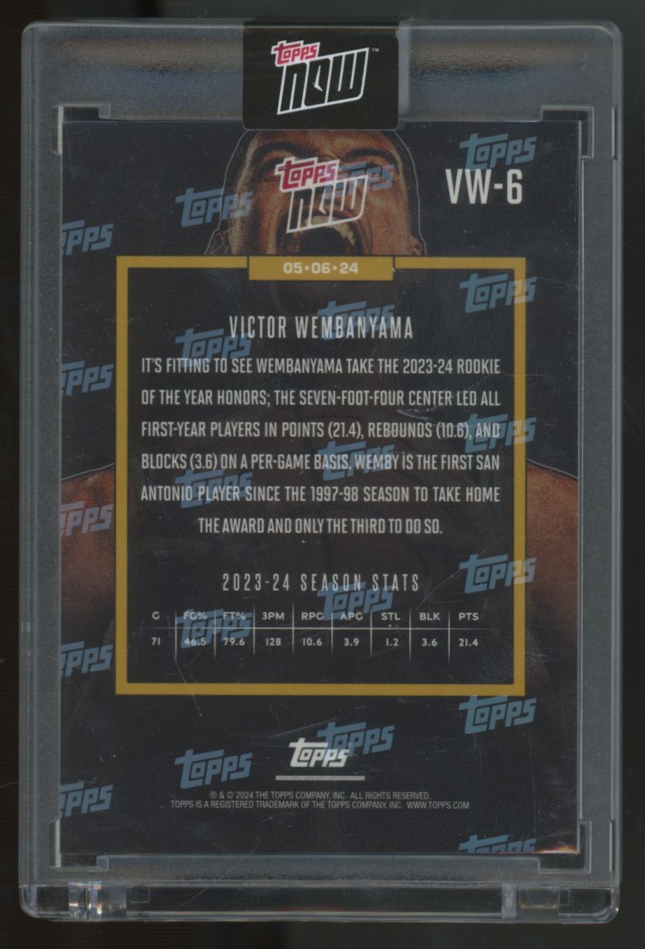 2023-24 Topps Now Victor Wembanyama RC Rookie of the Year #VW-6