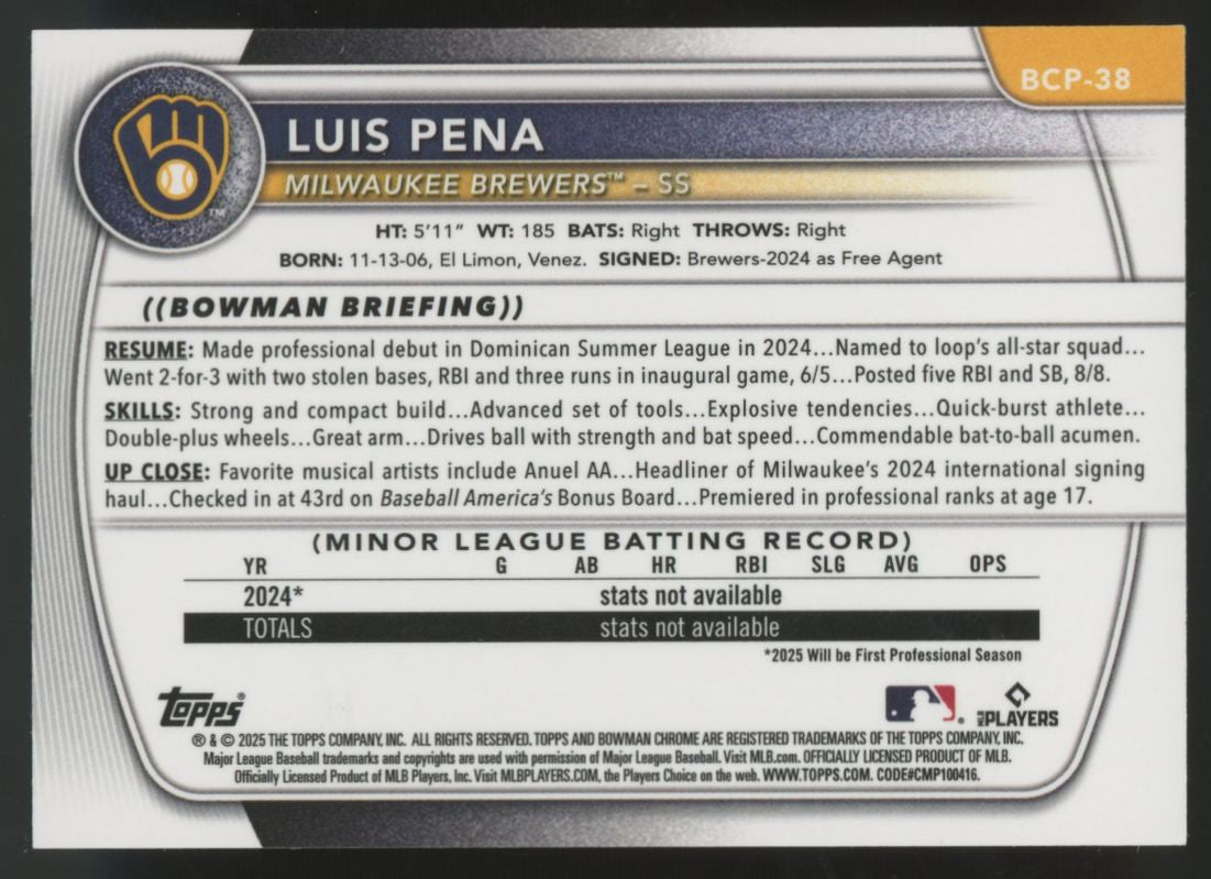 2025 Bowman Luis Pena 1st Chrome Prospect Lava Refractor /399 #BCP-38 "A"