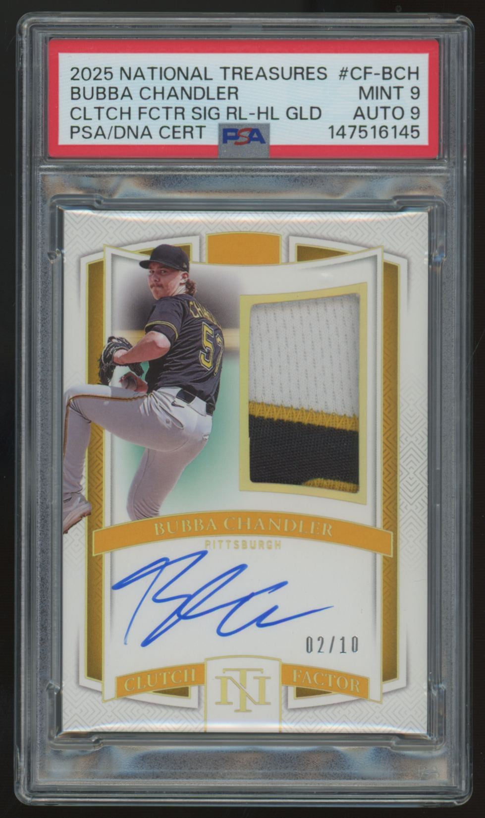 2025 National Treasures Bubba Chandler Gold Clutch Factor Patch Auto /10 PSA 9 9