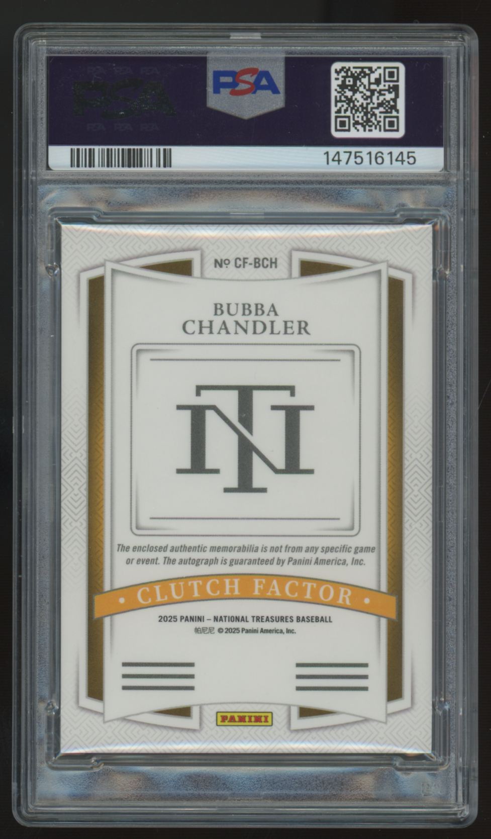 2025 National Treasures Bubba Chandler Gold Clutch Factor Patch Auto /10 PSA 9 9