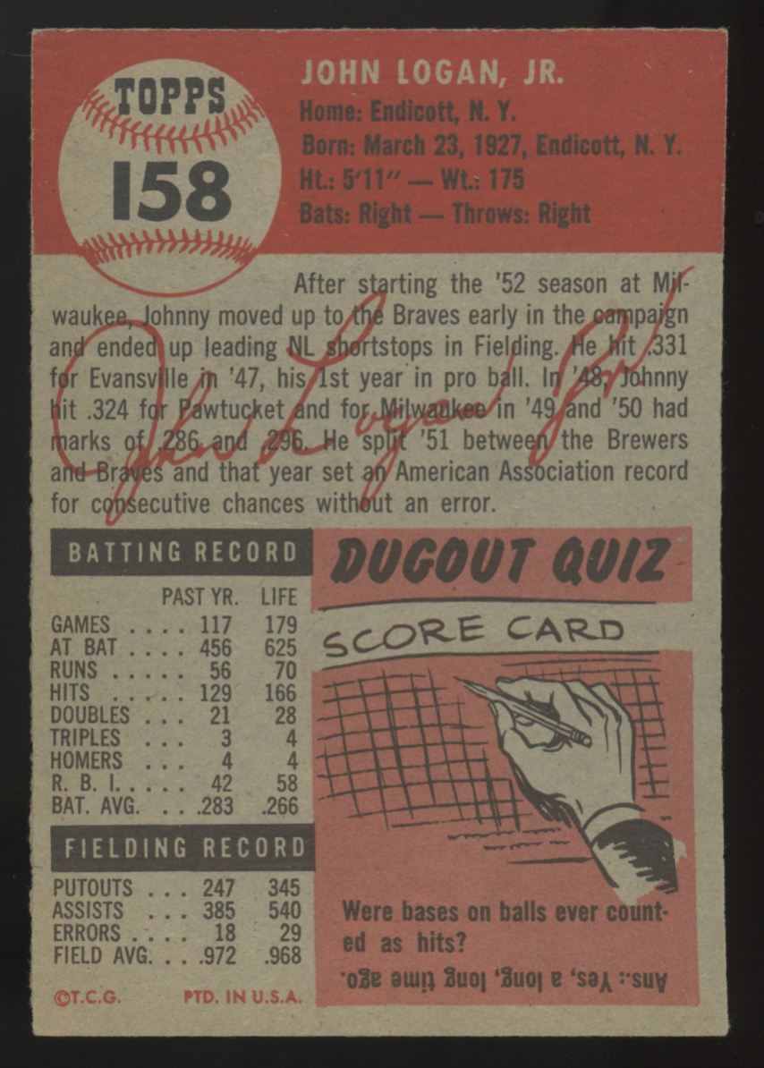 1953 Topps John Logan #158 EX/MT "A"