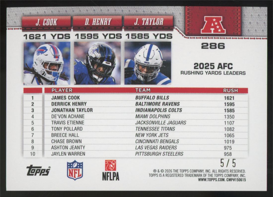 2026 Topps Flagship Cook/Henry/Taylor AFC Leaders Red Holo Foil /5 #286