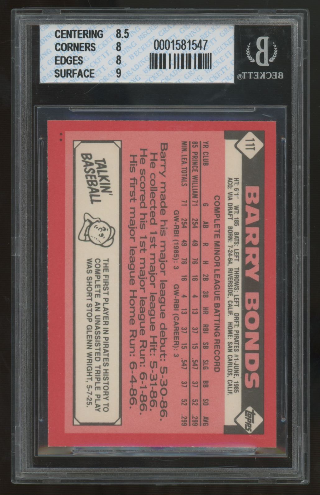1986 Topps Traded Barry Bonds RC #11T BGS 8 *547