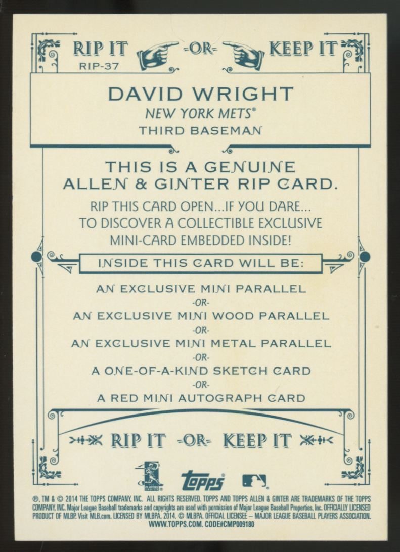 2014 Allen & Ginter David Wright Rip Card Unripped /25 #RIP-37