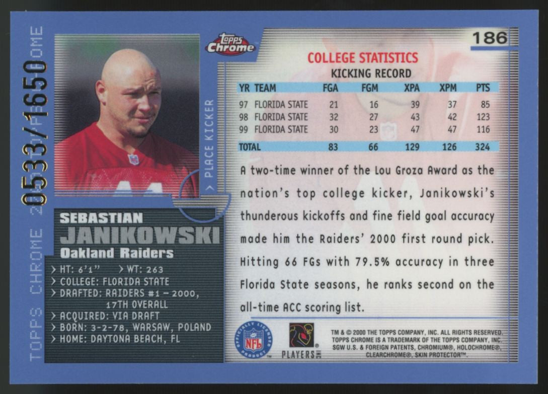 2000 Topps Chrome Sebastian Janikowski RC Blue /1650 #186