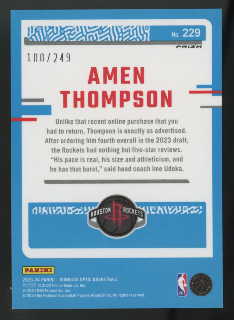 2023-24 Donruss Optic Amen Thompson RC Rated Rookie Blue Seismic /249 #229