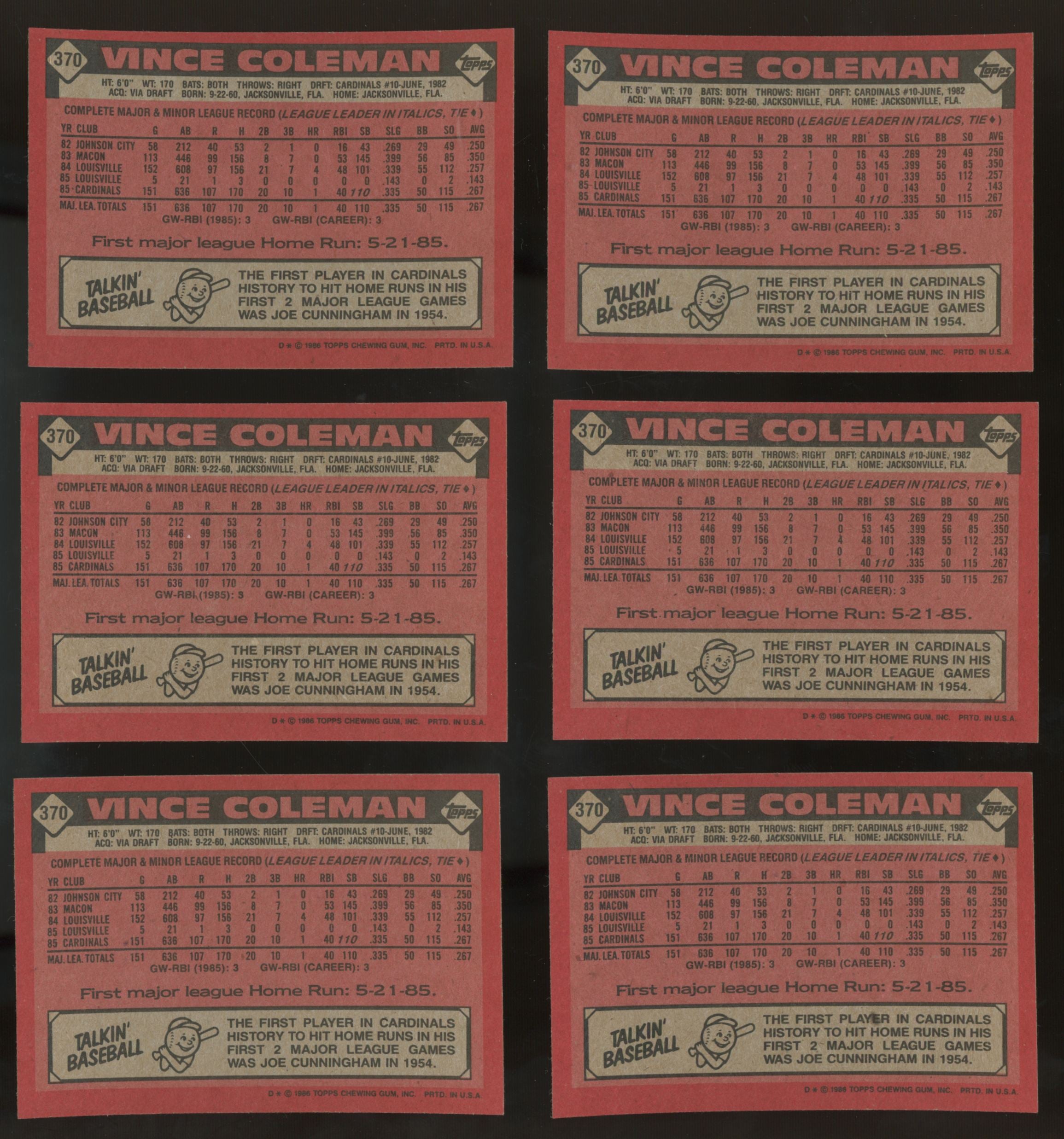 1986 Topps Vince Coleman #370 (Lot of 42)