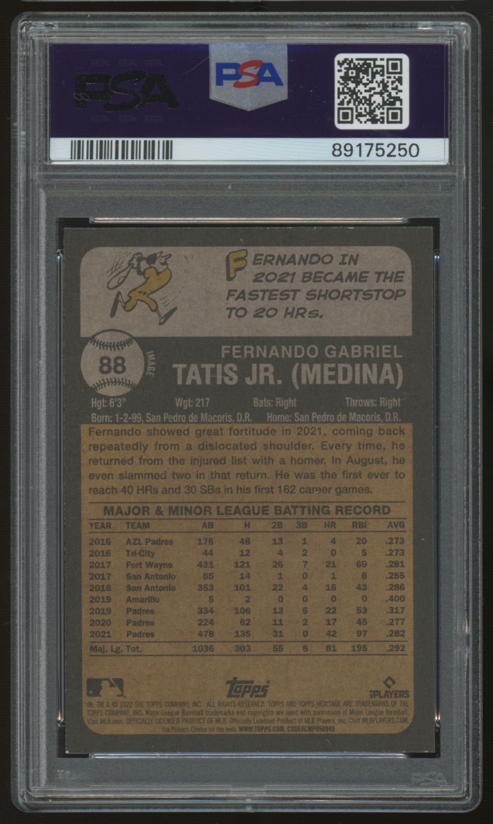 2022 Topps Heritage Fernando Tatis Jr. Image Variation SP #88 PSA 9