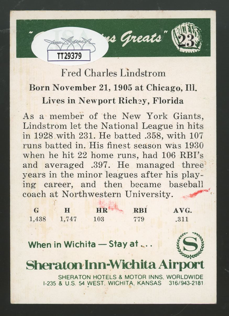 Sheraton Inn Fred Lindstrom #23 Signed Auto JSA