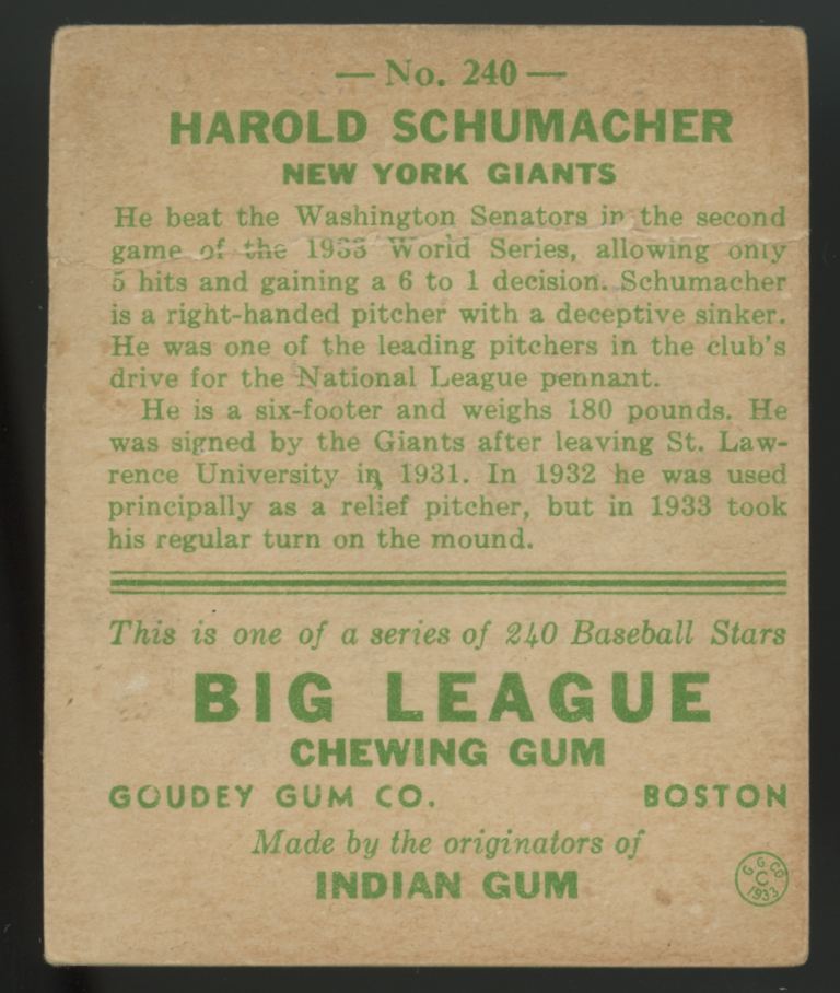 1933 Goudey Harold Schumacher #240 Poor