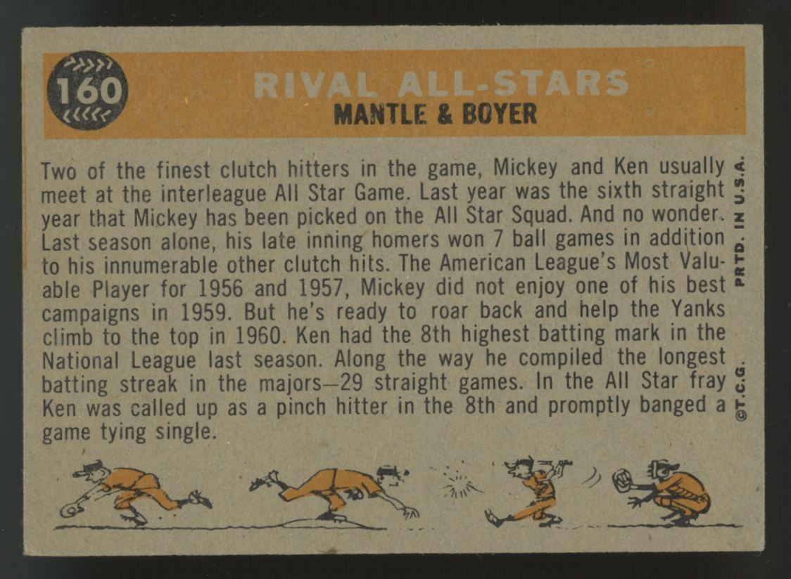 1960 Topps Mickey Mantle / Ken Boyer Rival All-Stars #160 VG