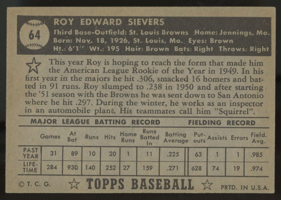 1952 Topps Roy Sievers #64 EX