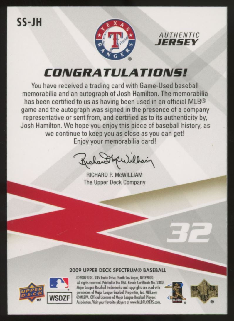 2009 UD Spectrum Josh Hamilton Swatches Patch Auto /15 #SS-JH