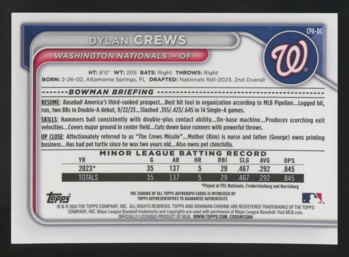 2024 Bowman Dylan Crews 1st Chrome Prospect Auto #CPA-DC