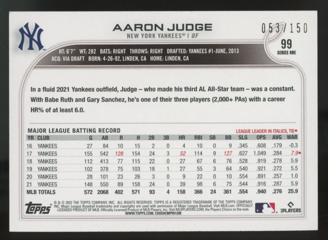 2022 Topps Series One Aaron Judge 1st Edition Green /150 #99
