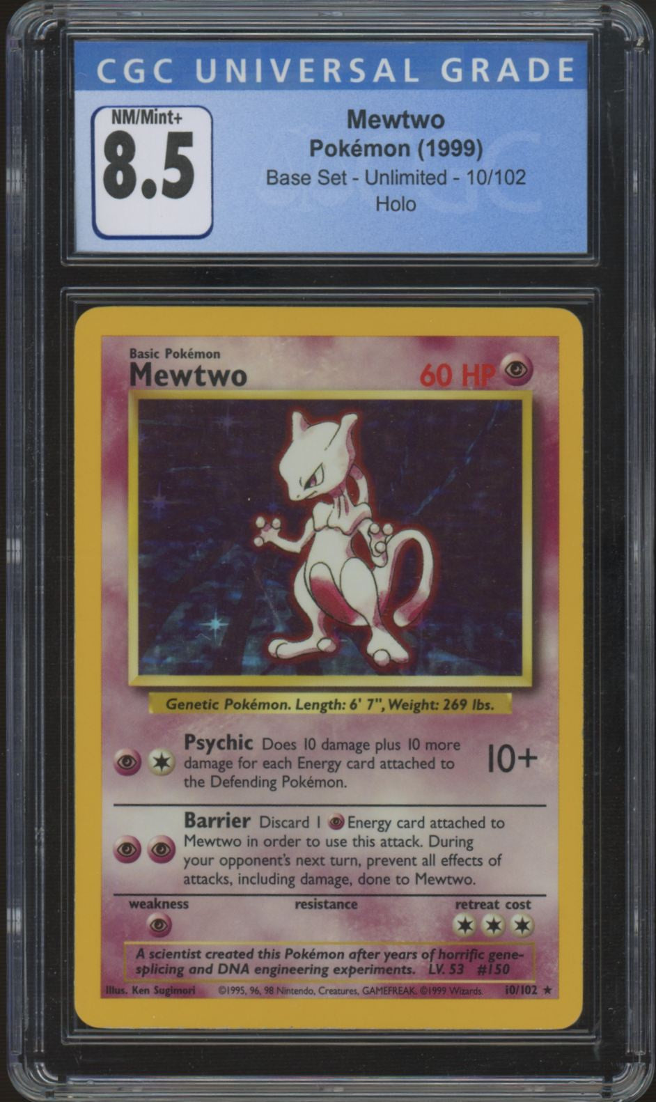 1999 Pokemon Mewtwo Base Set Unlimited Holo #10 CGC 8.5