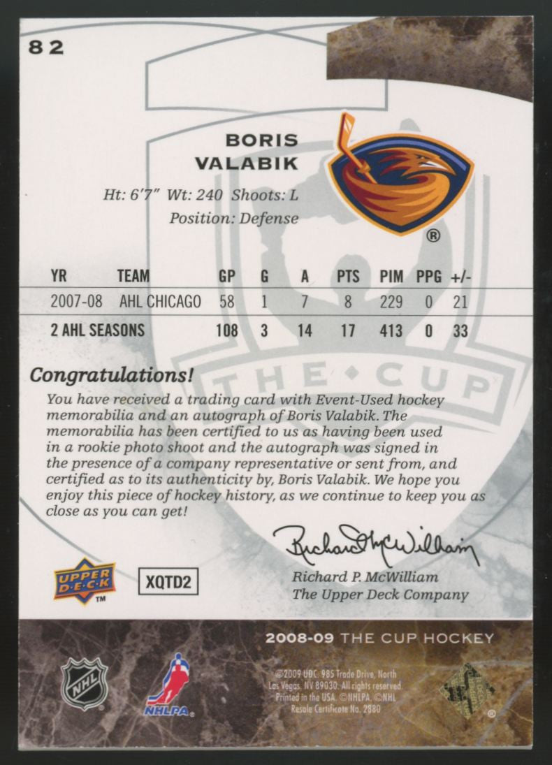 2008-09 Upper Deck The Cup Boris Valabik RC Patch Auto RPA /249 #82