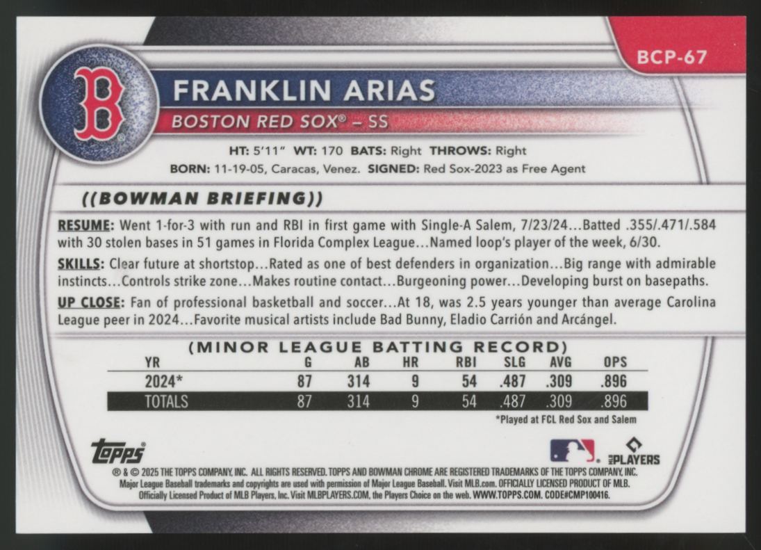 2025 Bowman Chrome Franklin Arias Prospect 1st Lava Refractor /399 #BCP-67