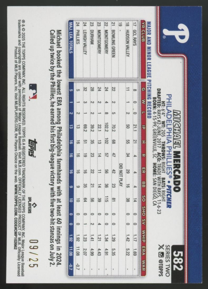 2025 Topps Series 2 Michael Mercado RC Wood /25 #582