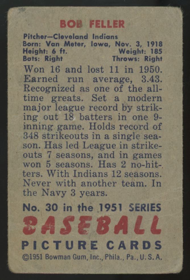 1951 Bowman Bob Feller Picture Card #30 Poor "A"