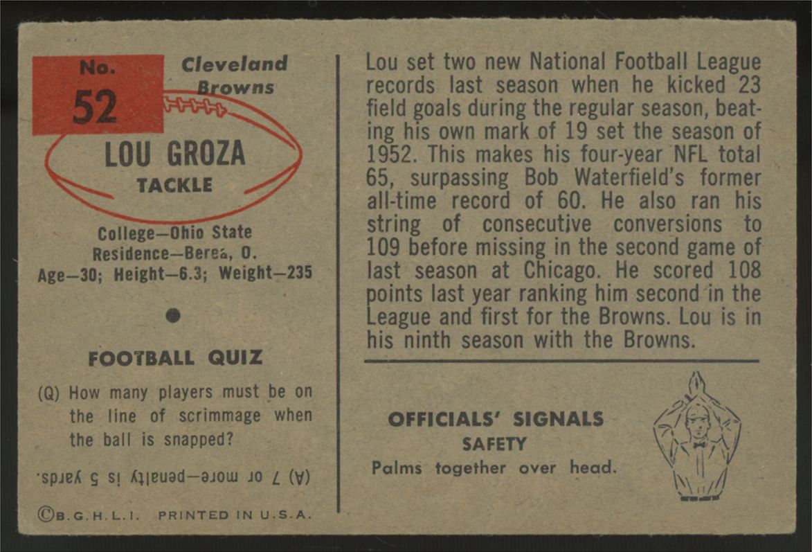 1954 Bowman Lou Groza #52 VG-EX "A"