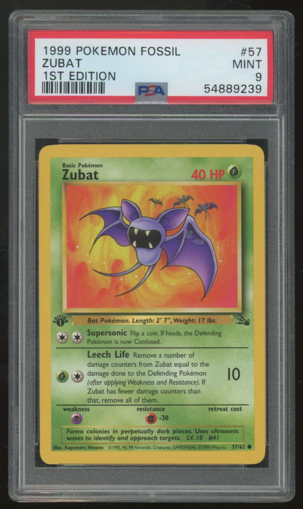 1999 Pokemon Zubat Fossil 1st Edition #57 PSA 9
