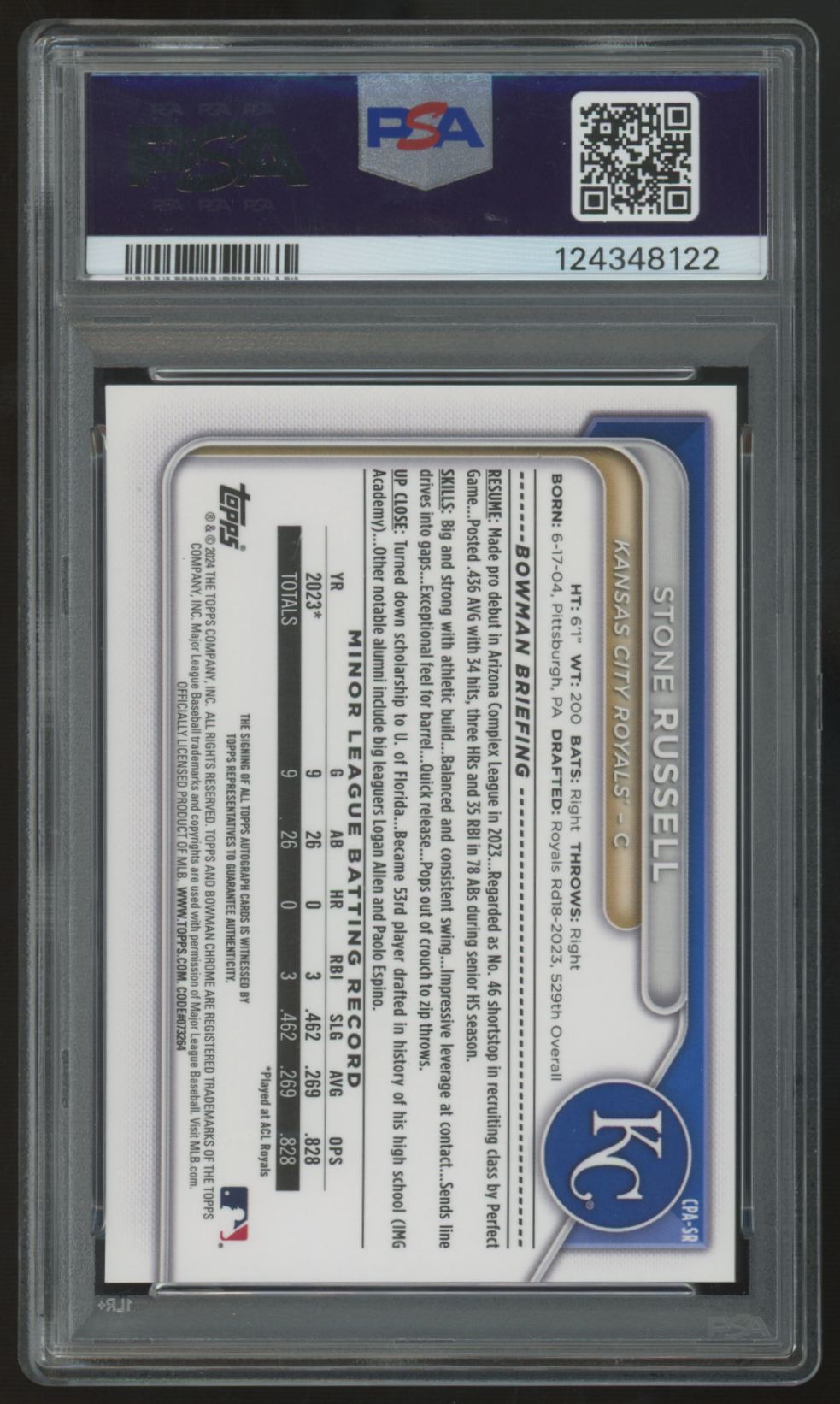 2024 Bowman Chrome Stone Russell 1st Prospect Yellow Auto /75 #CPA-SR PSA 9