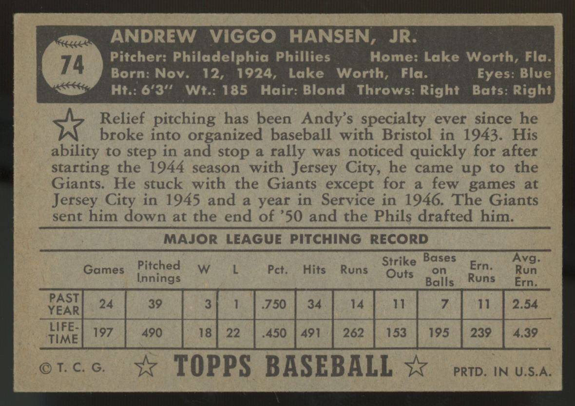 1952 Topps Andy Hansen Black Back #74 EX/MT