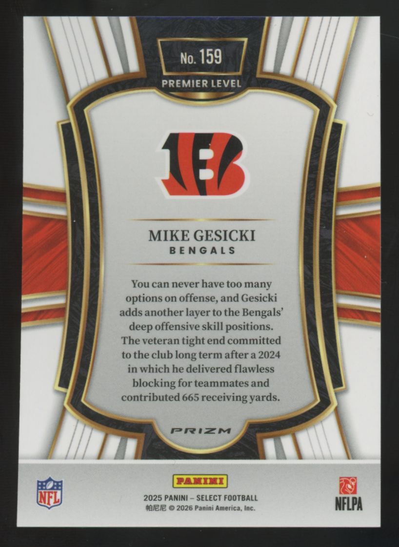 2025 Panini Select Mike Gesicki Premier Level Zebra Shock Prizm SSP #159