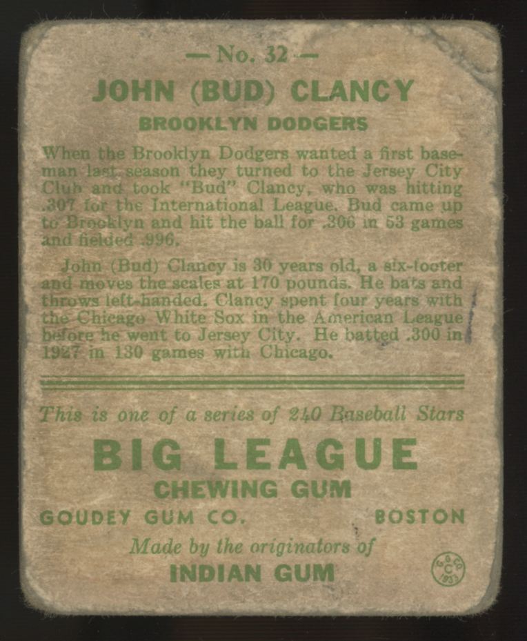 1933 Goudey John "Bud" Clancy #32 Poor