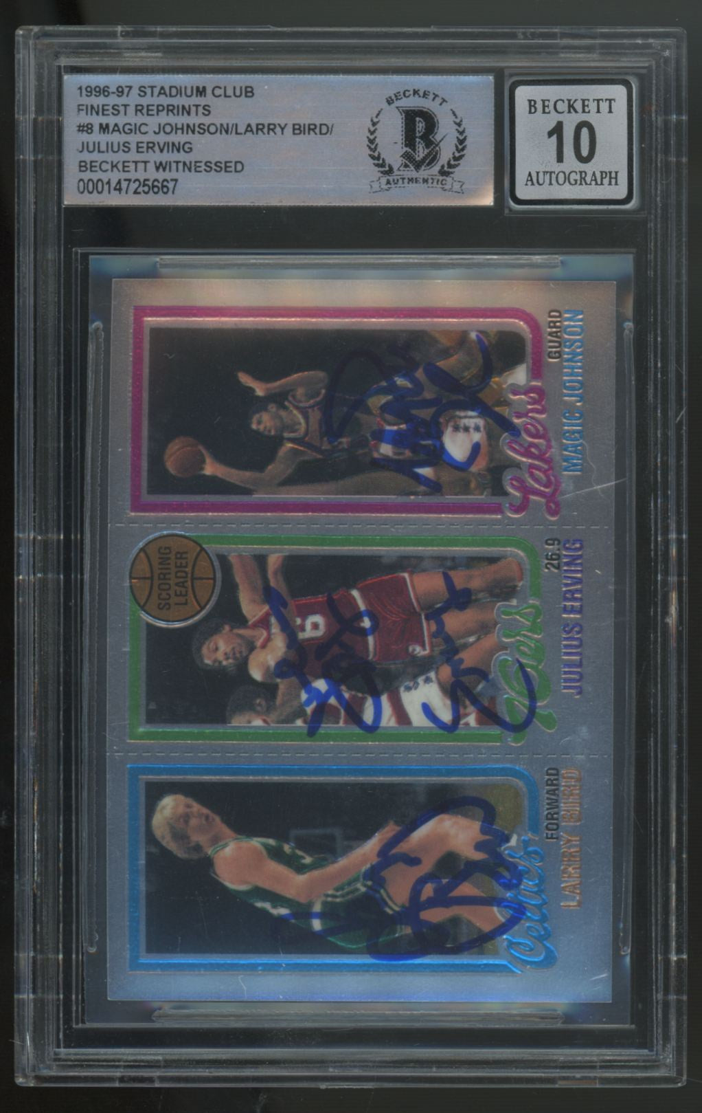 1996-97 Stadium Club Reprints Johnson/Bird/Erving Signed Triple Auto BGS Auto 10